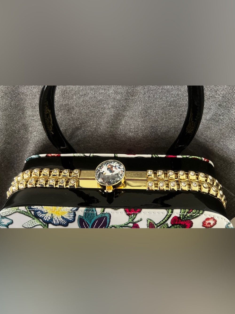 Floral Shiny Patent Dome Handbag in Multicolor with Diamond Clasp & Border - Picture 2 of 8